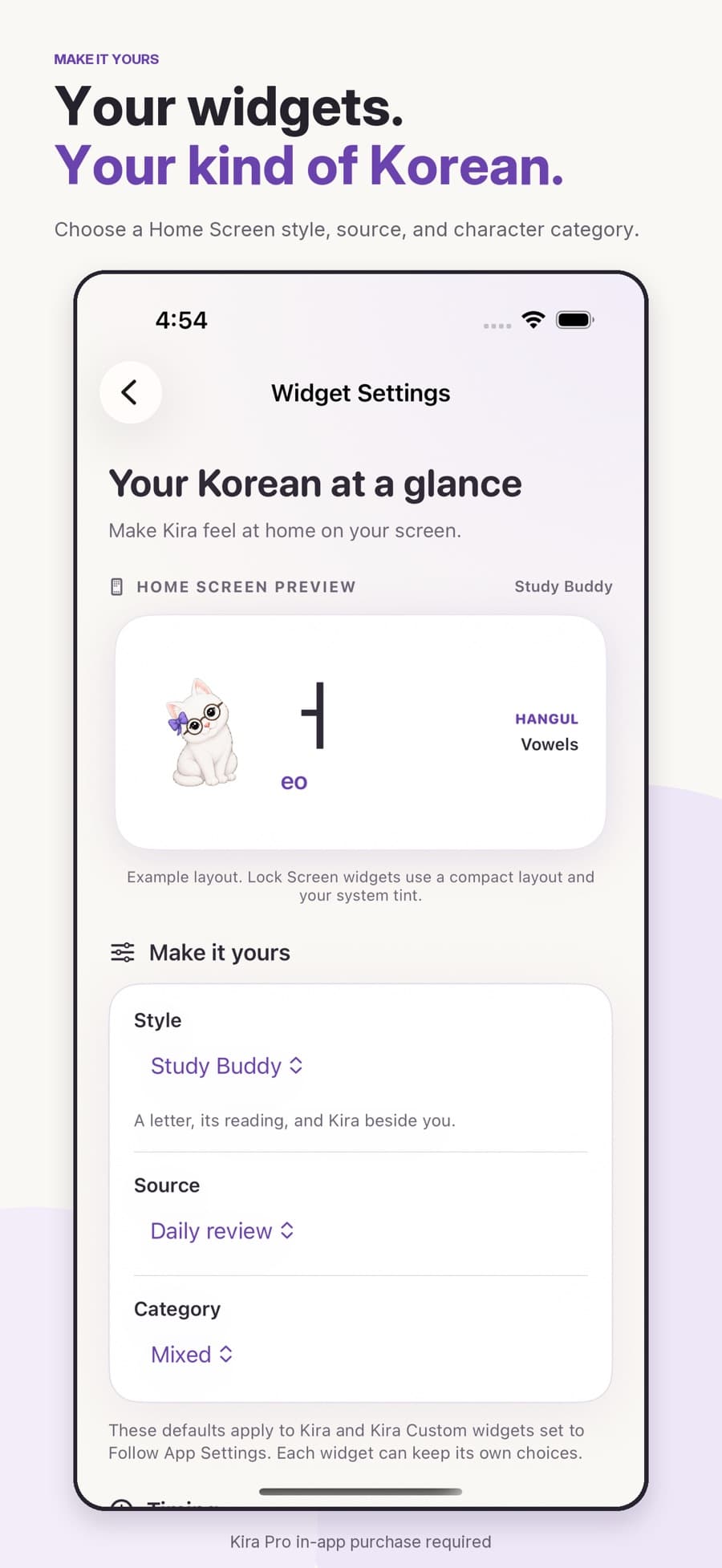 Kira customizable Korean learning widgets