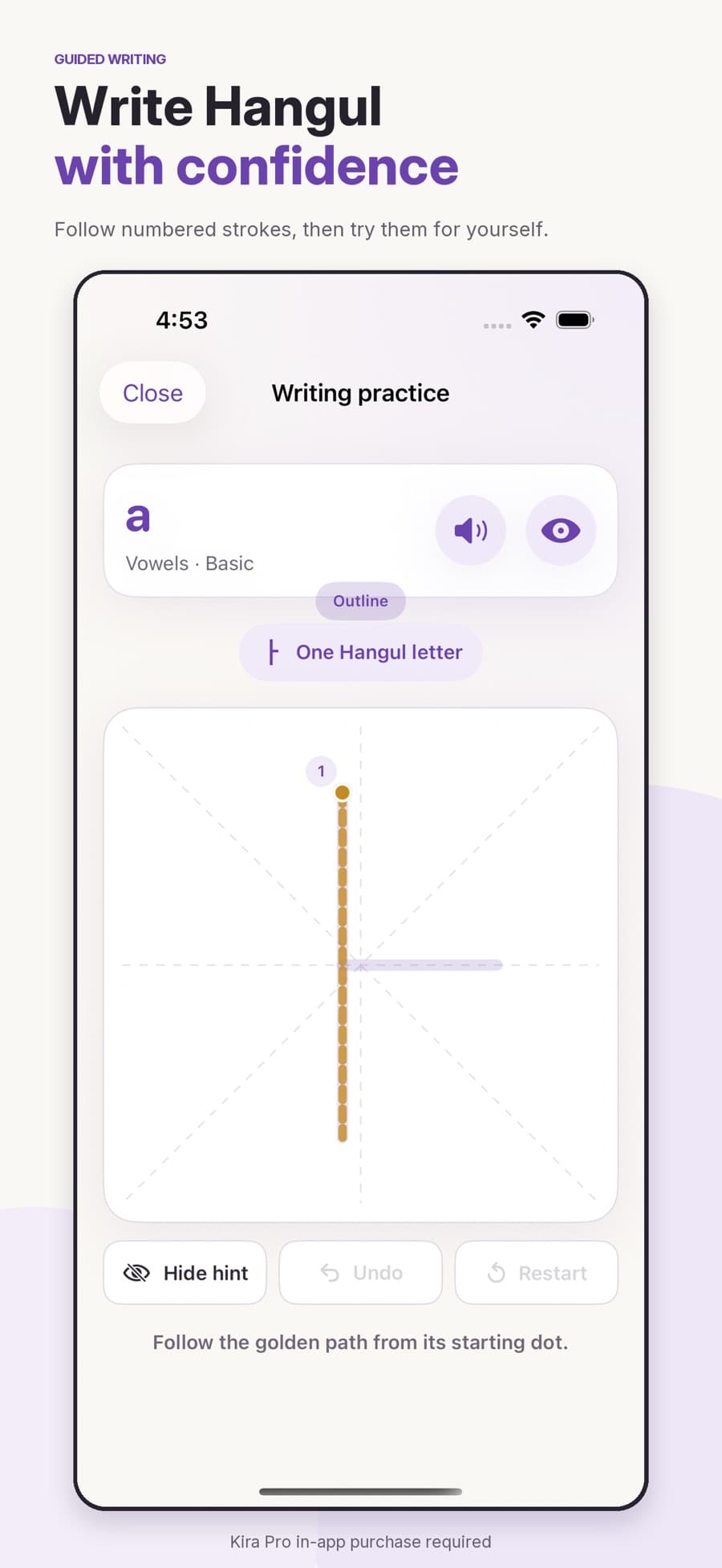 Guided Hangul stroke order and writing practice in Kira