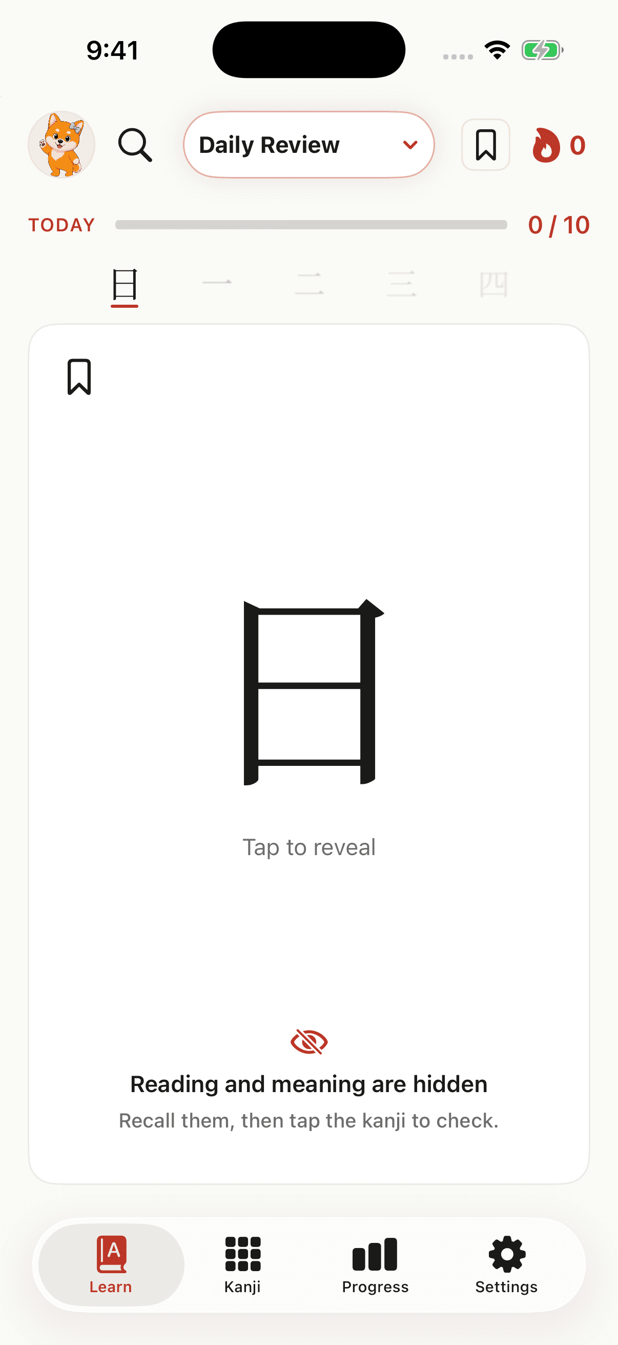 The latest Moji app in light mode, showing the Daily Review kanji card