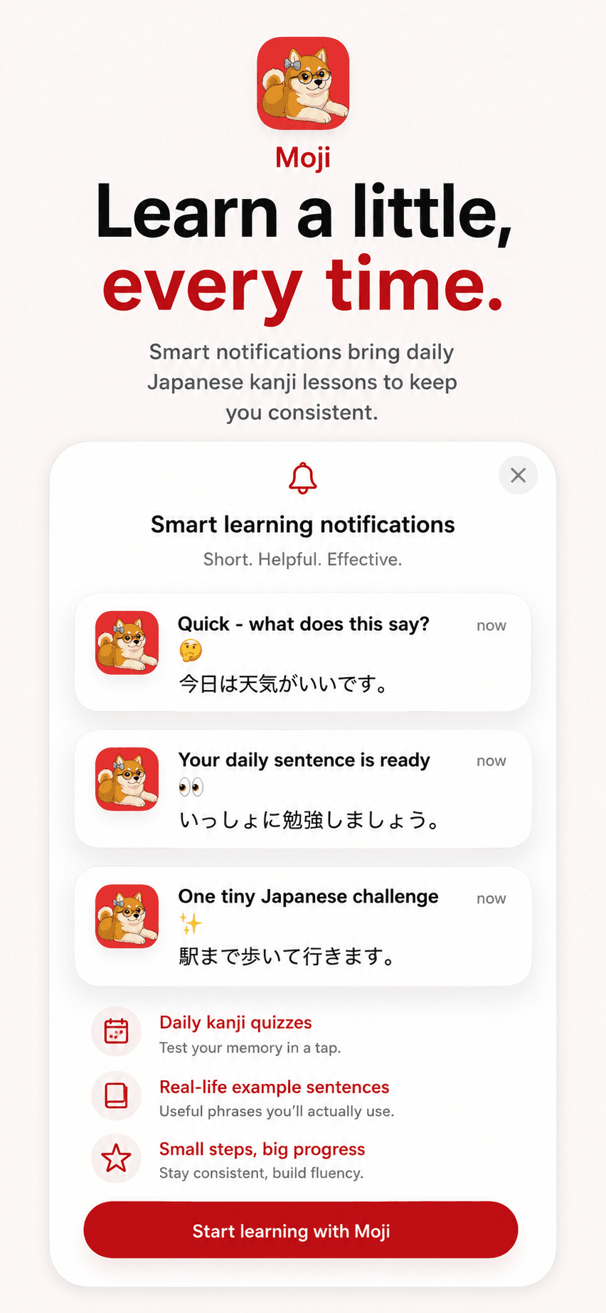 Examples of short Japanese learning notifications from Moji